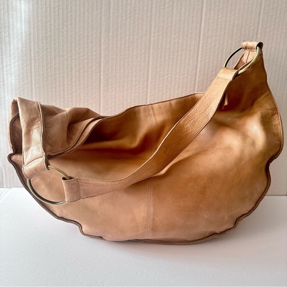 Anthropologie Slouchy Leather Shoulder Bag Lamb Sheep Oversized Tote Camel Tan - Picture 4 of 14